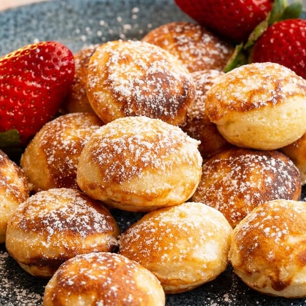 Poffertjes, small Dutch pancakes, dusted with powdered sugar and garnished with fresh strawberries.
