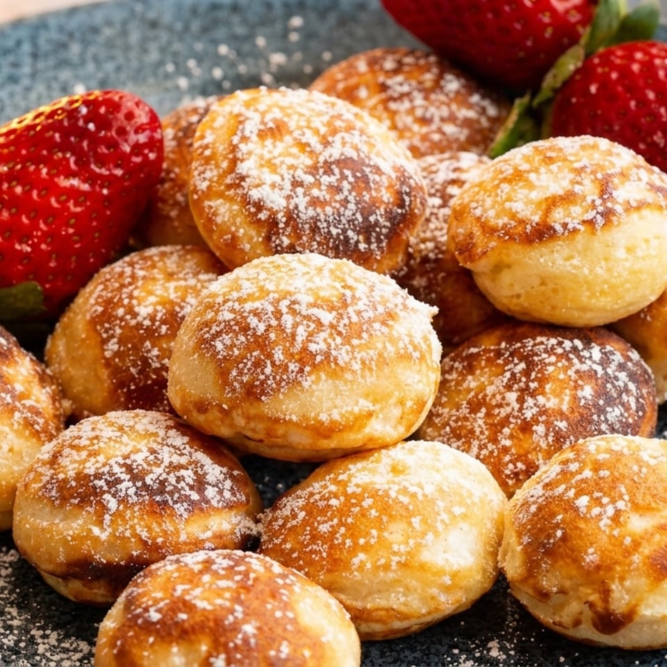 Poffertjes, small Dutch pancakes, dusted with powdered sugar and garnished with fresh strawberries.