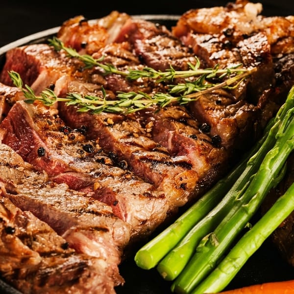 Sliced grilled steak with herbs, asparagus, and a baked potato on a sizzling platter.