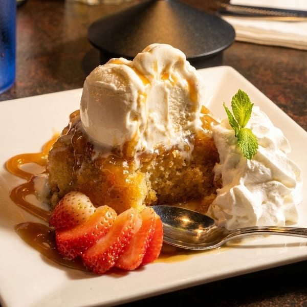 Warm cake with melting vanilla ice cream, caramel, whipped cream, mint, and sliced strawberries.