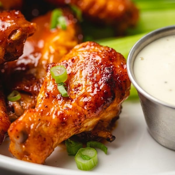 Glazed chicken wings with green onion garnish, served with celery sticks and a side of ranch.