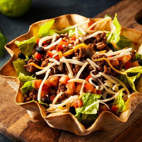Taco salad in a crispy tortilla bowl with ground beef, lettuce, cheese, tomatoes, and black beans.