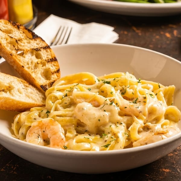 Creamy shrimp fettuccine pasta with grilled bread in a white bowl on a dark table.