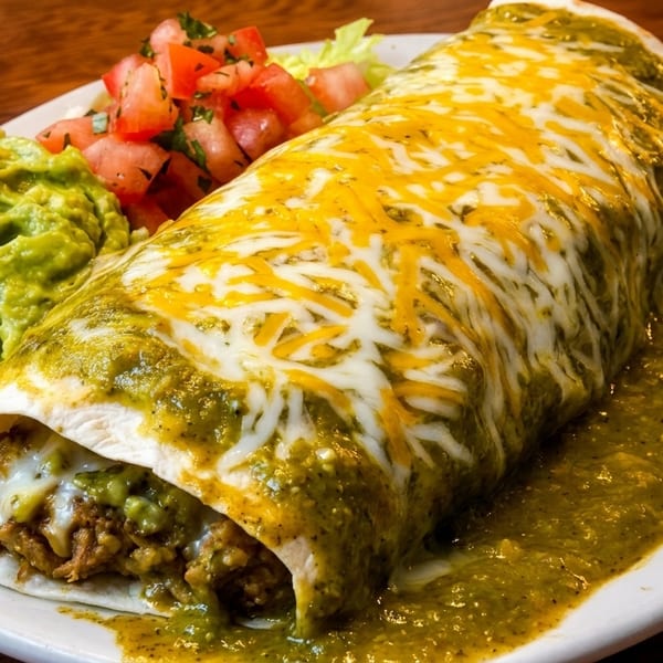 A large burrito covered in green sauce and melted cheese, served with guacamole and pico de gallo.