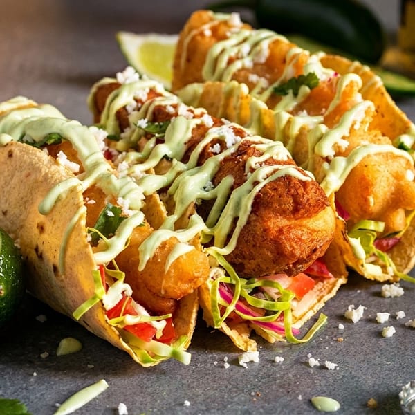 Three crispy fish tacos with green sauce, fresh lime, and cilantro on a dark surface.