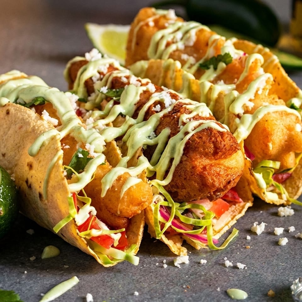 Three crispy fish tacos with green sauce, fresh lime, and cilantro on a dark surface.