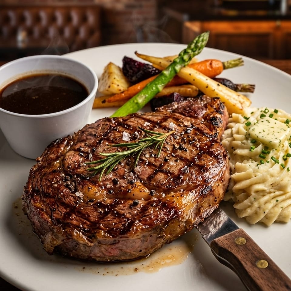 Grilled ribeye steak with sear marks and classic steakhouse sides under warm lighting.